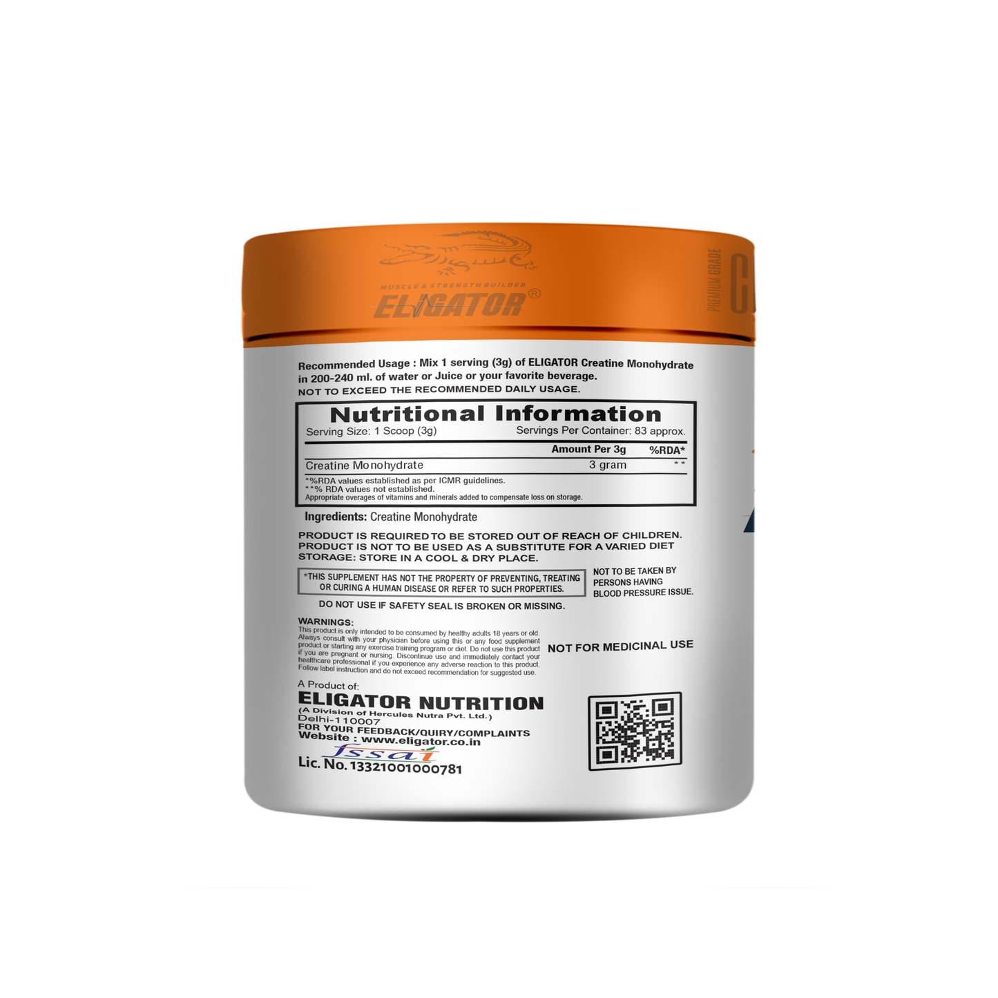 Eligator Nutrition Creatine Monohydrate Unflavour 83 Servings
